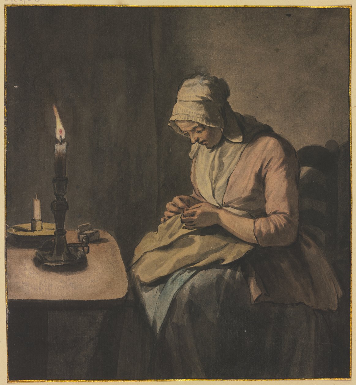 Frau im Kerzenschein bei der Handarbeit von Wybrand Hendriks