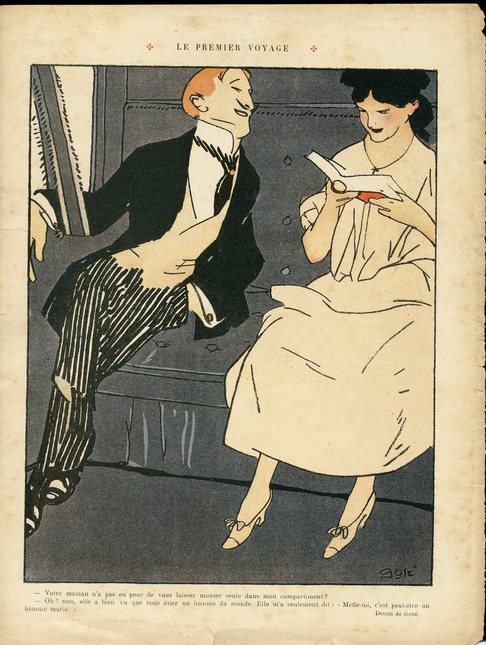 Illustration von Xavier Gose (1876-1915) in Le Lire, 27/08/10 - Die erste Reise - Eisenbahnzug, Herrenmode, Ehebruch von Xavier Gose