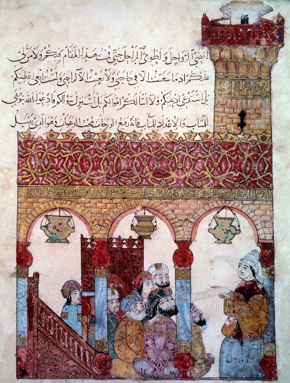 Der wandernde Navigator Abu-Zayd in der Moschee von Basra. Miniatur aus den „Maqamat“ von Abu Mohammed al-Kasim ibn Ali Hariri (1054-1122) von Yahya ibn Mahmud Al Wasiti