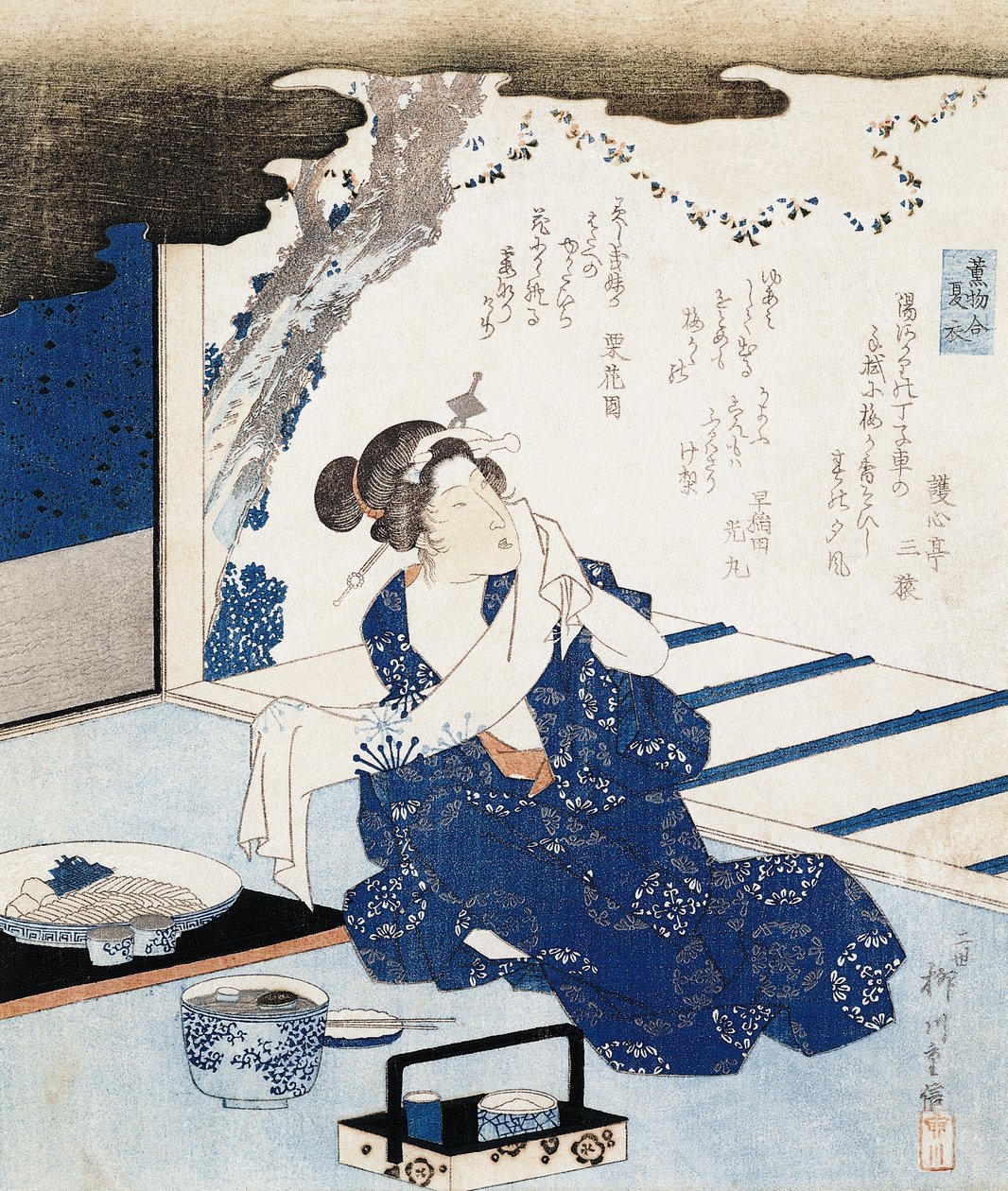 Kurtisane im Yukata (blau-weißes Baumwoll-Kimono), Wandpaneel mit Gedicht dekoriert von Yanagawa II Shigenobu