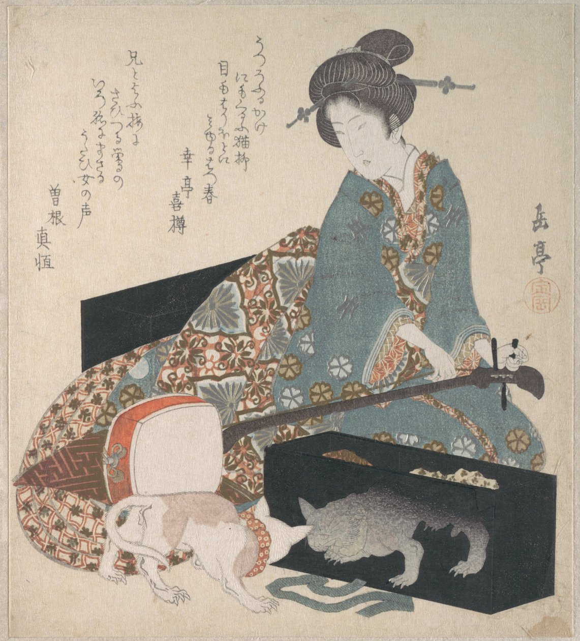 Frau beim Stimmen einer Shamisen und eine Katze, die ihr eigenes Spiegelbild betrachtet von Yashima Gakutei