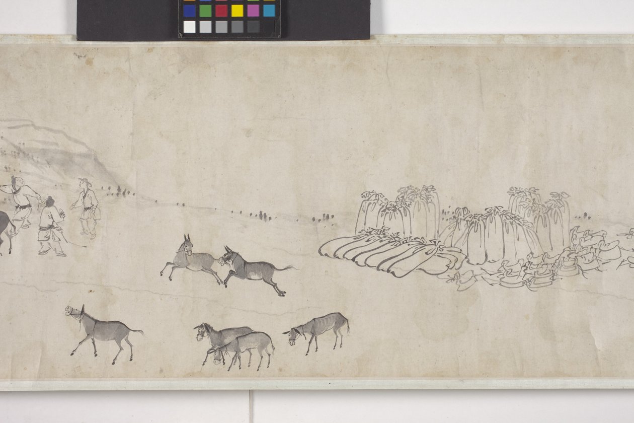 Hundert Esel transportieren Getreide, Handrolle, ca. 1700 von Ye Yin