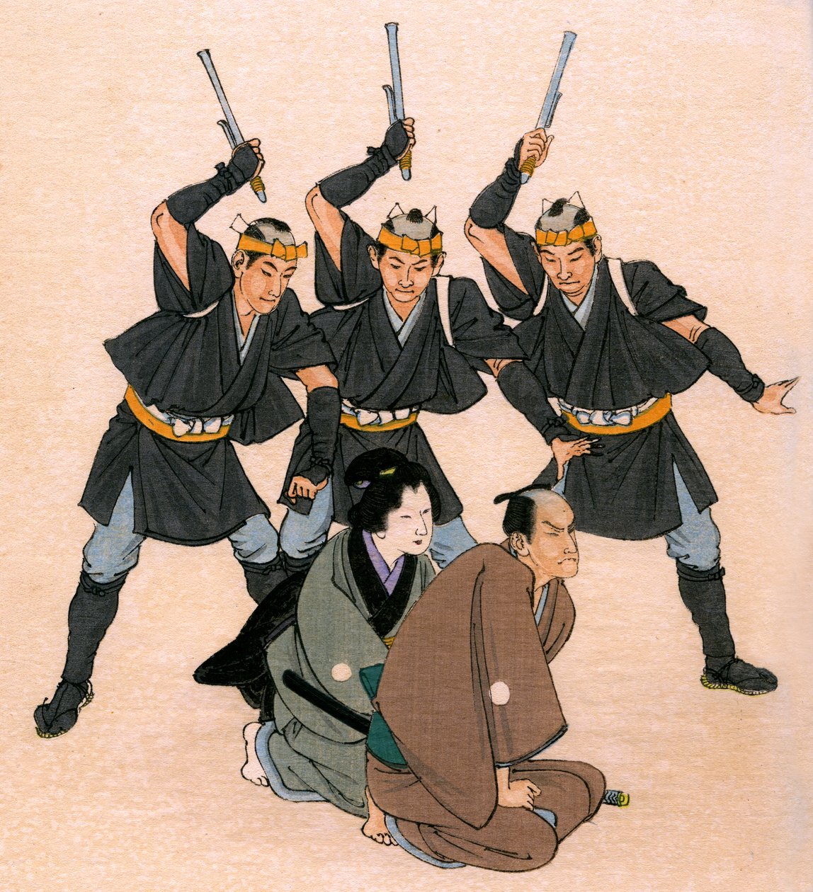 Traditionelles japanisches Theater: drei bewaffnete Männer bedrohen einen männlichen und einen weiblichen Charakter von Yoshimune Arai