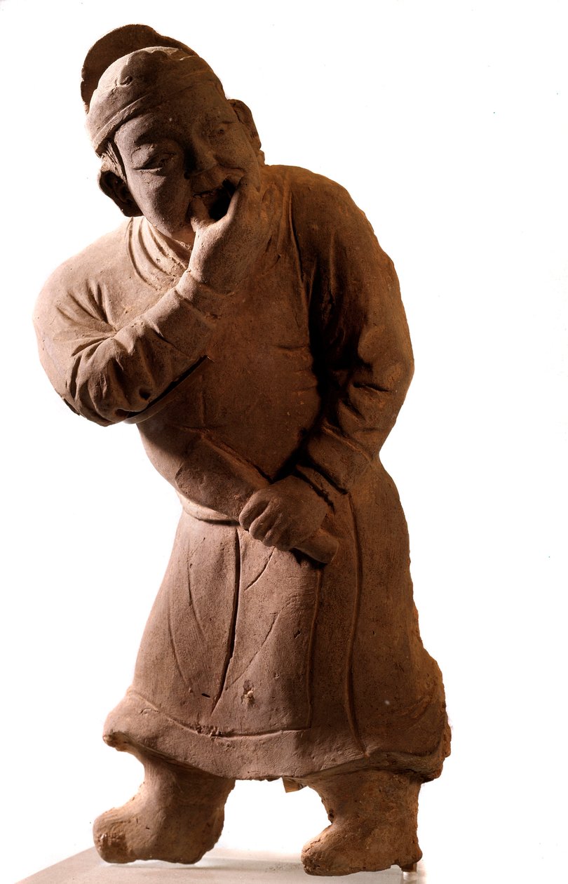 Chinesische Kunst: Terrakotta-Statuette, die einen „Pfeifer“ darstellt (aus Tsiao Tsouo, Honan, Yuan-Dynastie, 1271-1368 n. Chr.) von Yuan Dynasty Chinese School