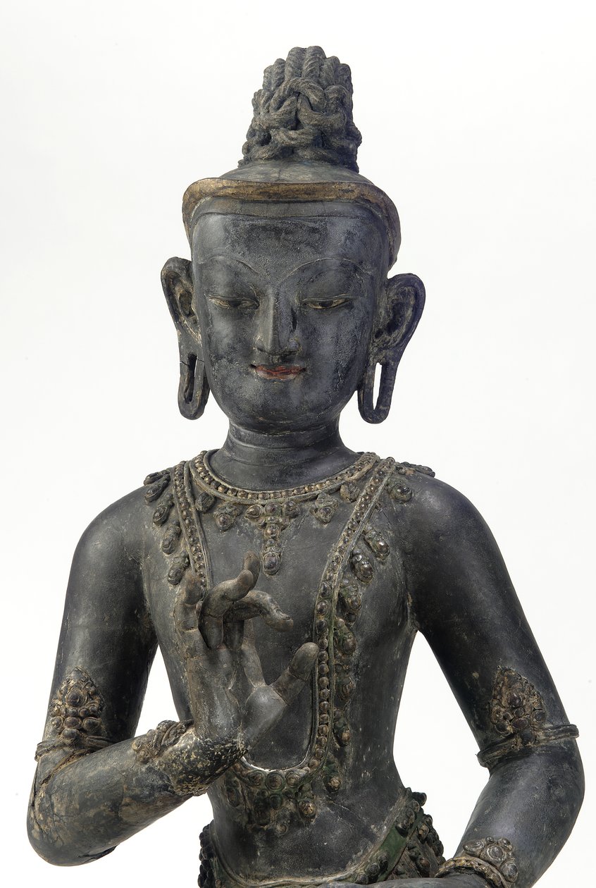Nepalesisch-chinesischer Bodhisattva (Lack, Stoff, Spuren von Blau, Gold und grüner Farbe & Blattgold) von Yuan Dynasty Chinese School