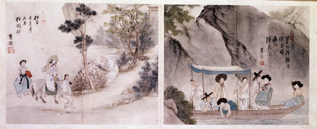 Koreanische Kunst: Spazier- und Bootsszene von Yun bok Sin