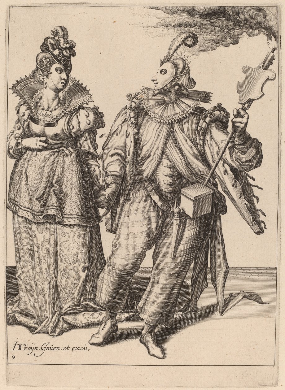 Eine Frau wird von einem Spieler mit einer Fackel geführt von Zacharias Dolendo after Jacques de Gheyn II