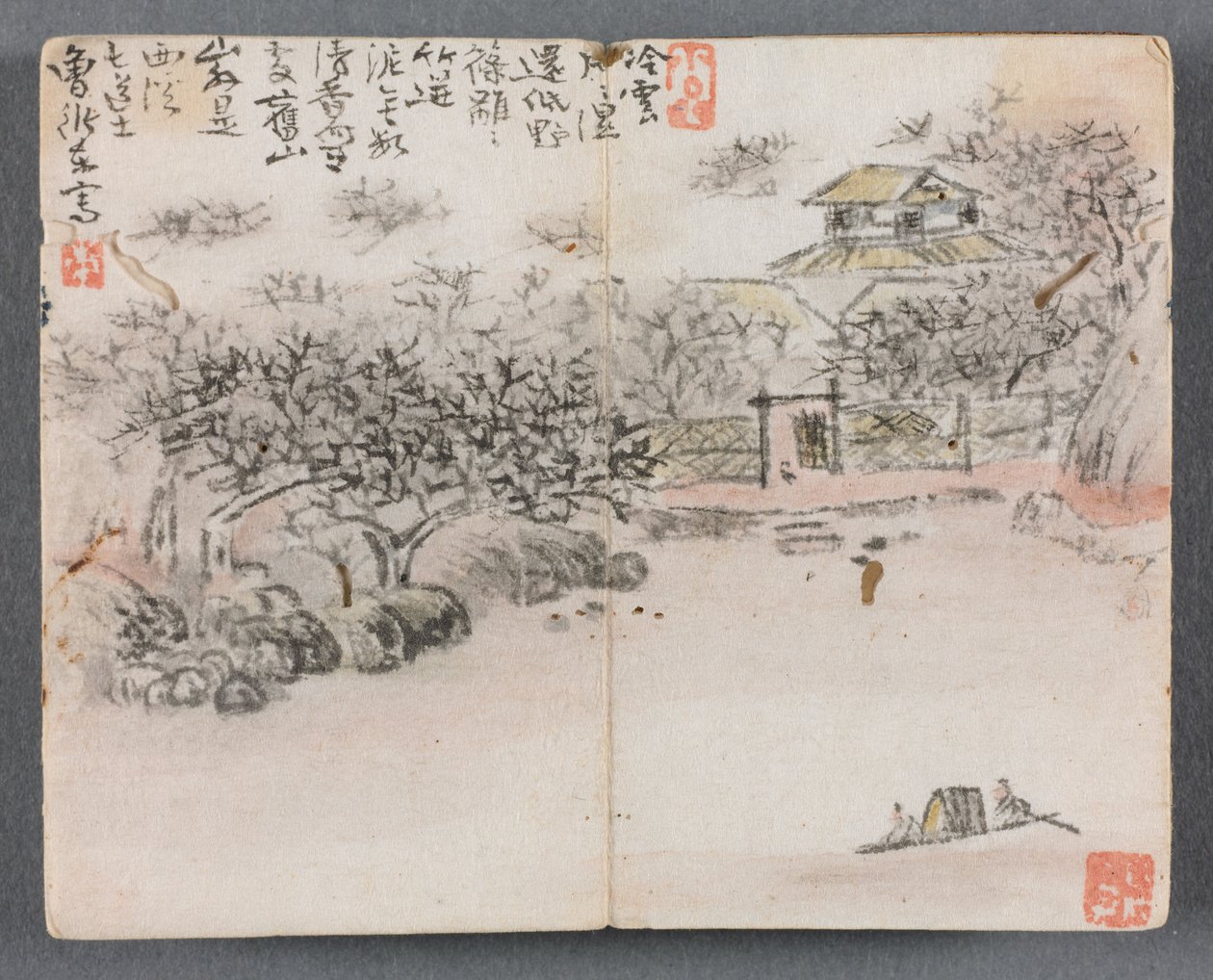 Miniaturalbum mit Figuren und Landschaft, Landschaft mit zwei Bootsmännern, 1822 von Zeng Yangdong