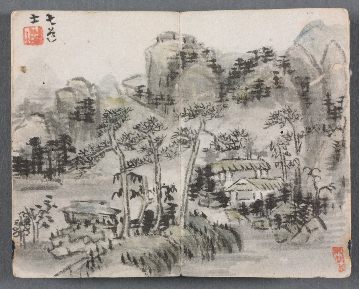Miniaturalbum mit Figuren und Landschaft: Landschaft mit zwei Gebäuden von Zeng Yangdong