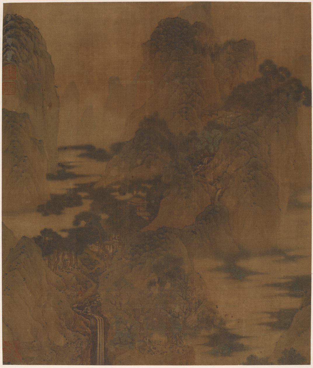 Landschaft: Bergschlucht, Nebel, ein Bach und Gebäude, Ming-Dynastie, 17. Jahrhundert von Zhang Hong