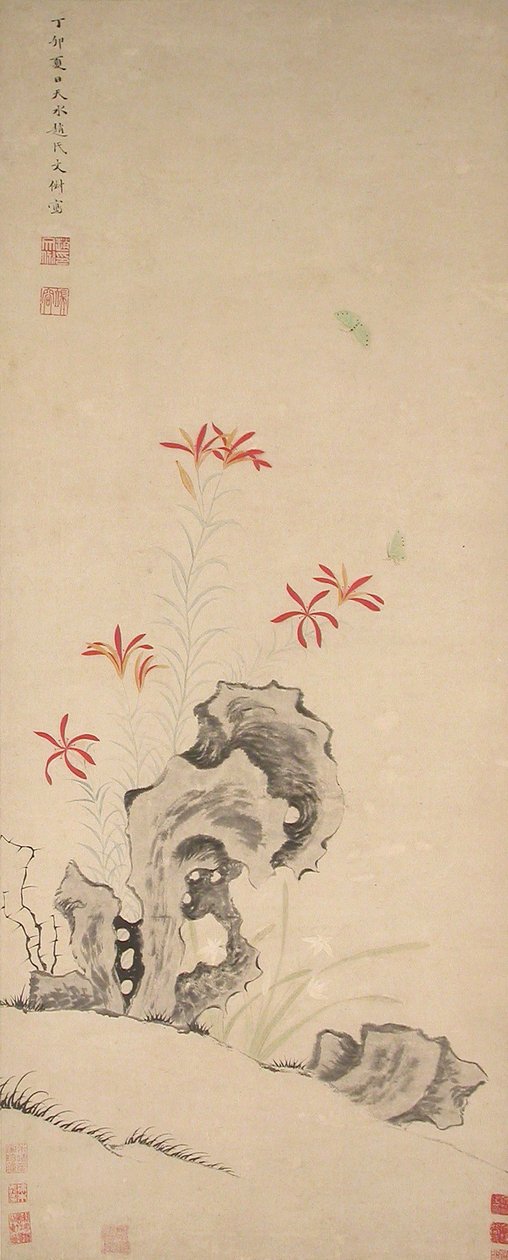 Felsen, Tigerlilie und Orchidee, datiert 1627 von Zhao Wenchu