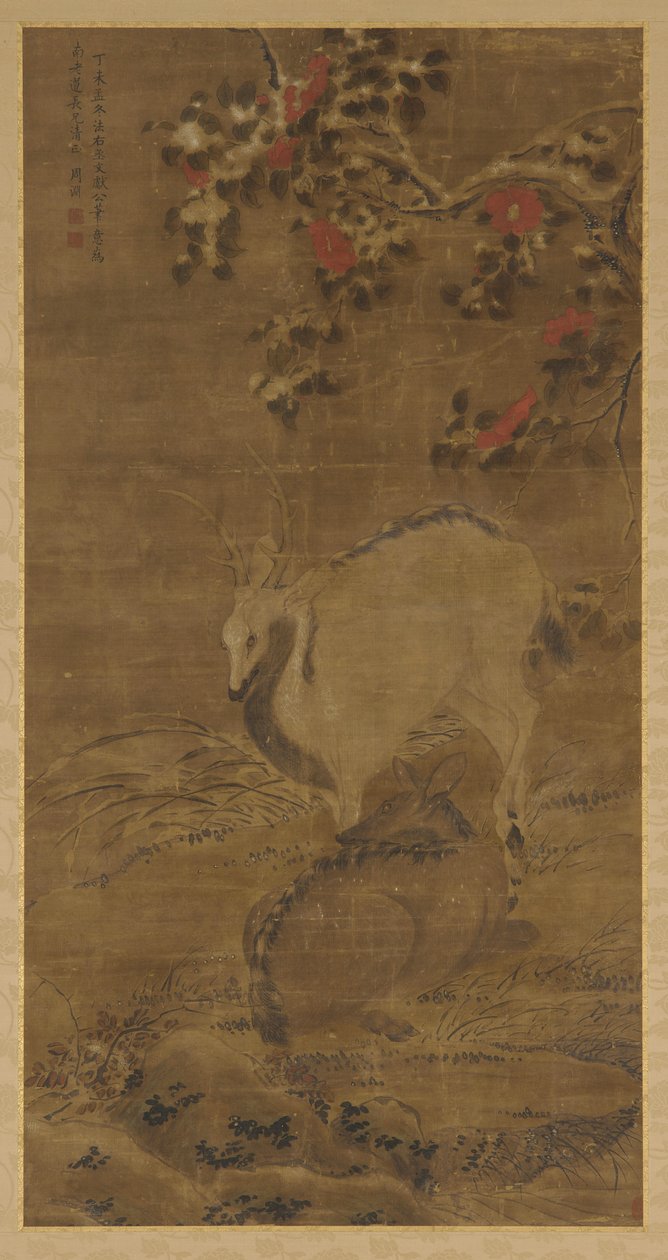 Ein Hirsch, eine Hirschkuh und rote Kamelien im Schnee von Zhou Yuan