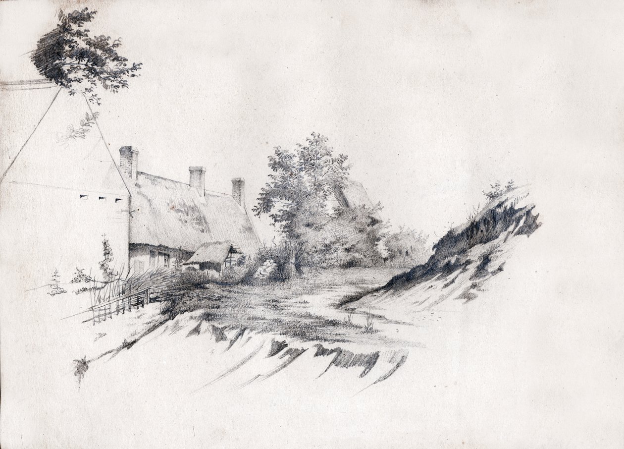 Ein strohgedecktes Bauernhaus in Zentralfrankreich. ca. 1850 von . .