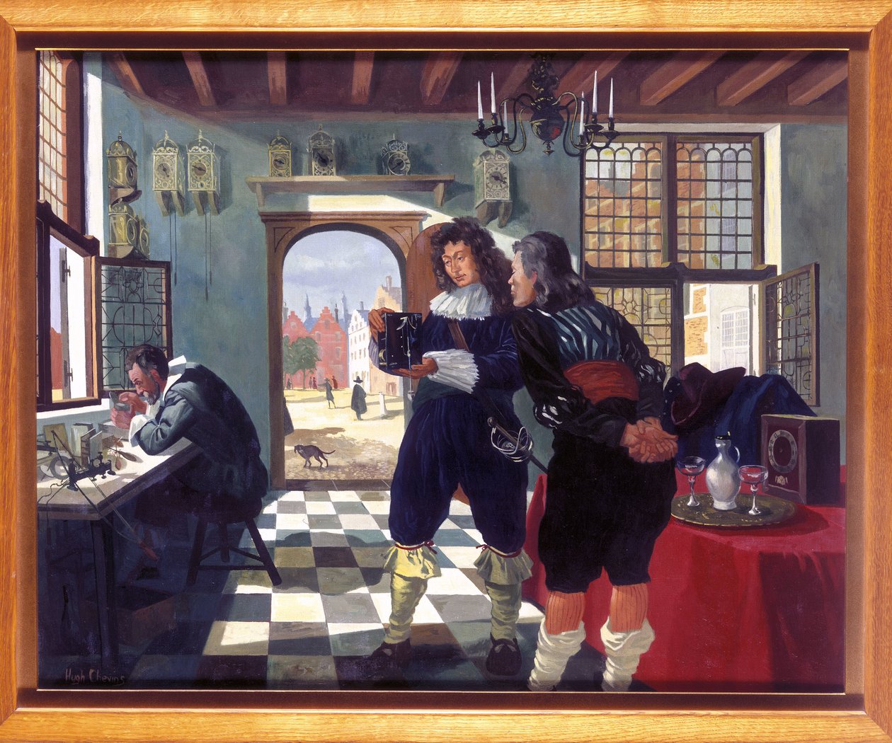 Uhrenmacher Christiaan Huygens in der Uhrmacherwerkstatt von Salomon Coster von Frederick (attr. to) Barnard