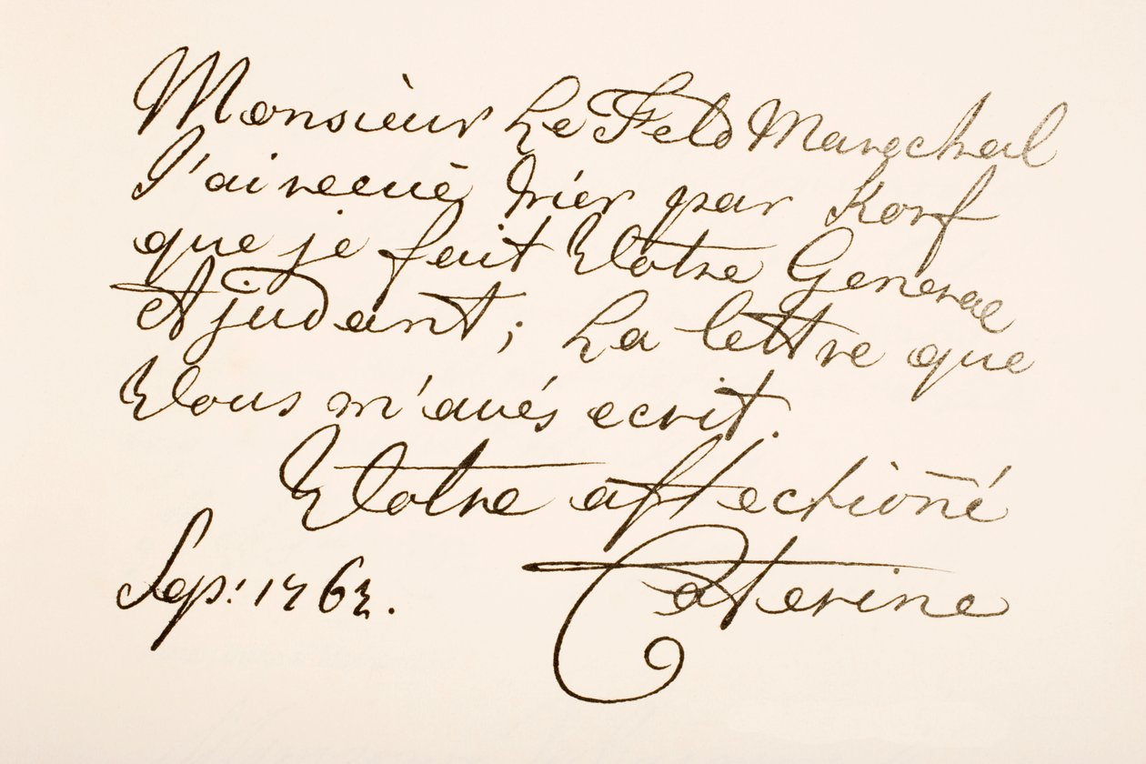 Handschriftprobe von Kaiserin Katharina II. von Russland, bekannt als Katharina die Große von Ferdinand Georg Waldmuller