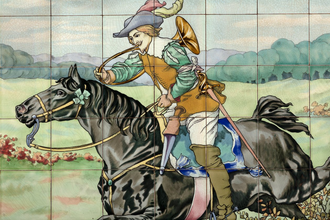 Innenansicht, Fliesenpanel, Maler Furcy Ernest Tondeur, Ausführung Boch Frères La Louvière, zweites Panel zeigt Jagdszene mit galoppierendem Reiter mit Jagdhorn von . .