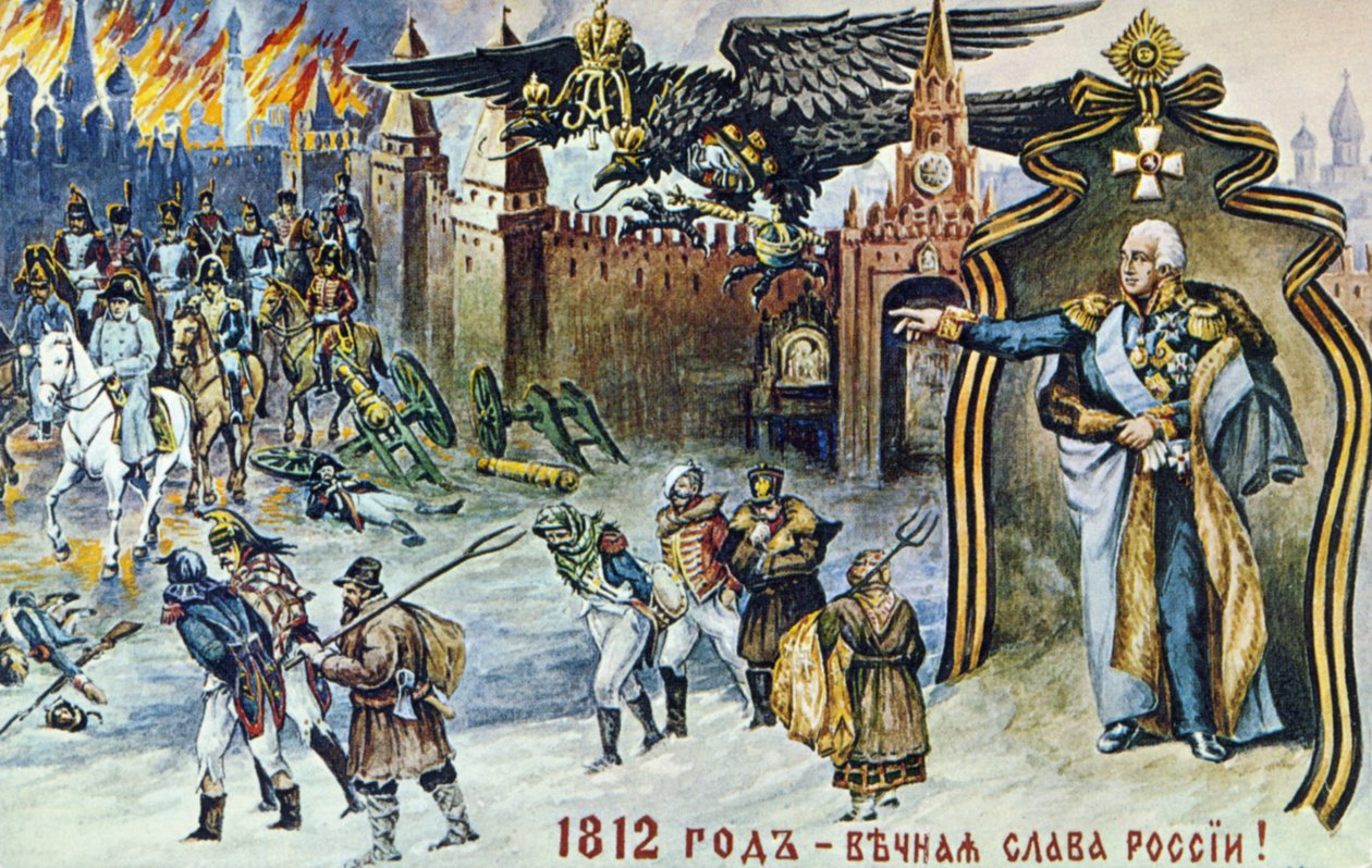 Napoleonischer Krieg von 1812, Darstellung von Napoleons Rückzug aus Moskau, überwacht vom kaiserlichen russischen Doppeladler und Zar Alexander I. von Frederick (attr. to) Barnard