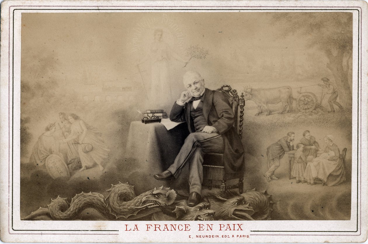 Pariser Kommune: „Frankreich in Frieden“ Porträt von Louis Adolphe Thiers (1797-1877), sitzend auf dem Drachen, wahrscheinlich Symbol der Kommune von Frederick (attr. to) Barnard