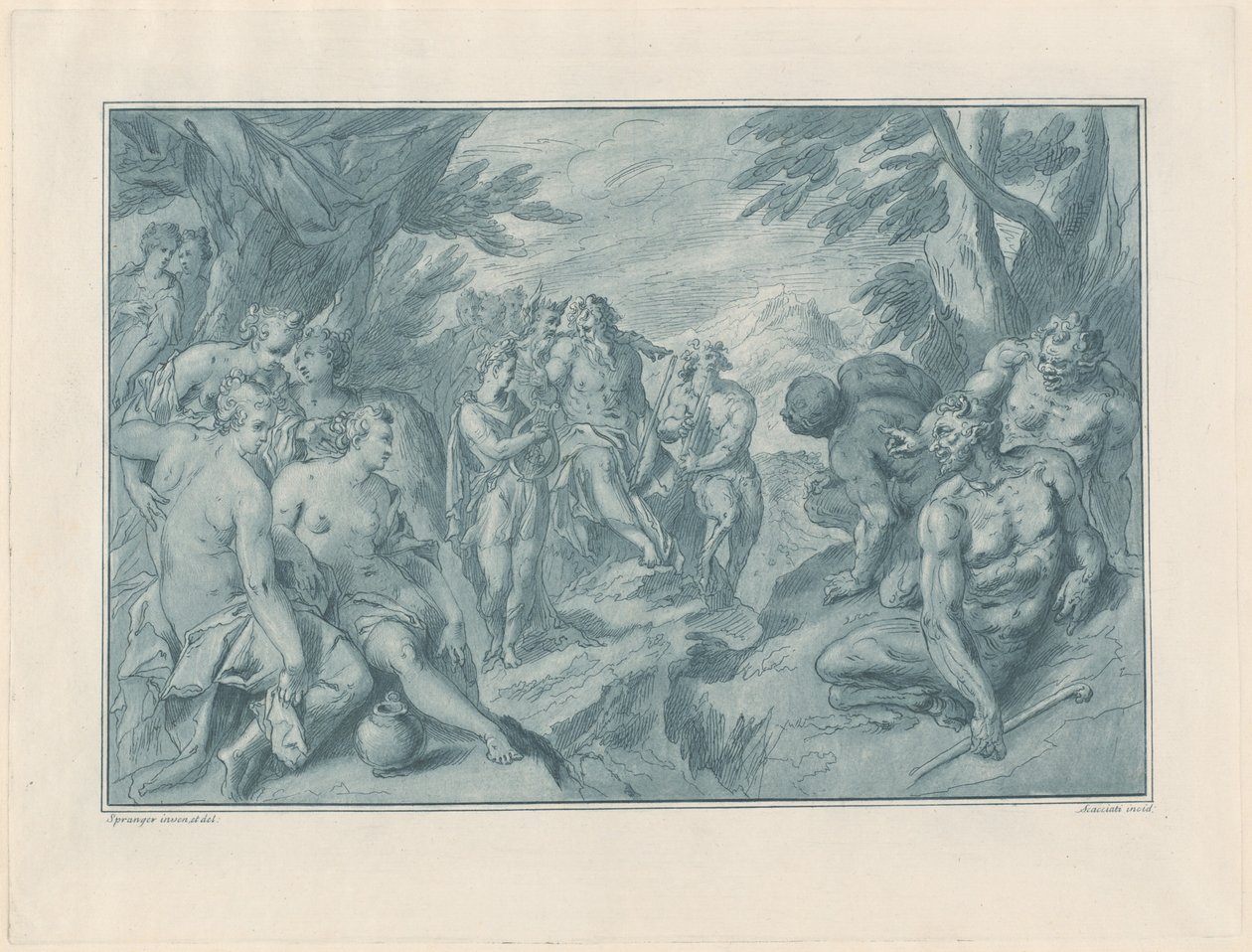 Der musikalische Wettstreit zwischen Apollo und Pan von after Bartholomaeus Spranger Andrea Scacciati