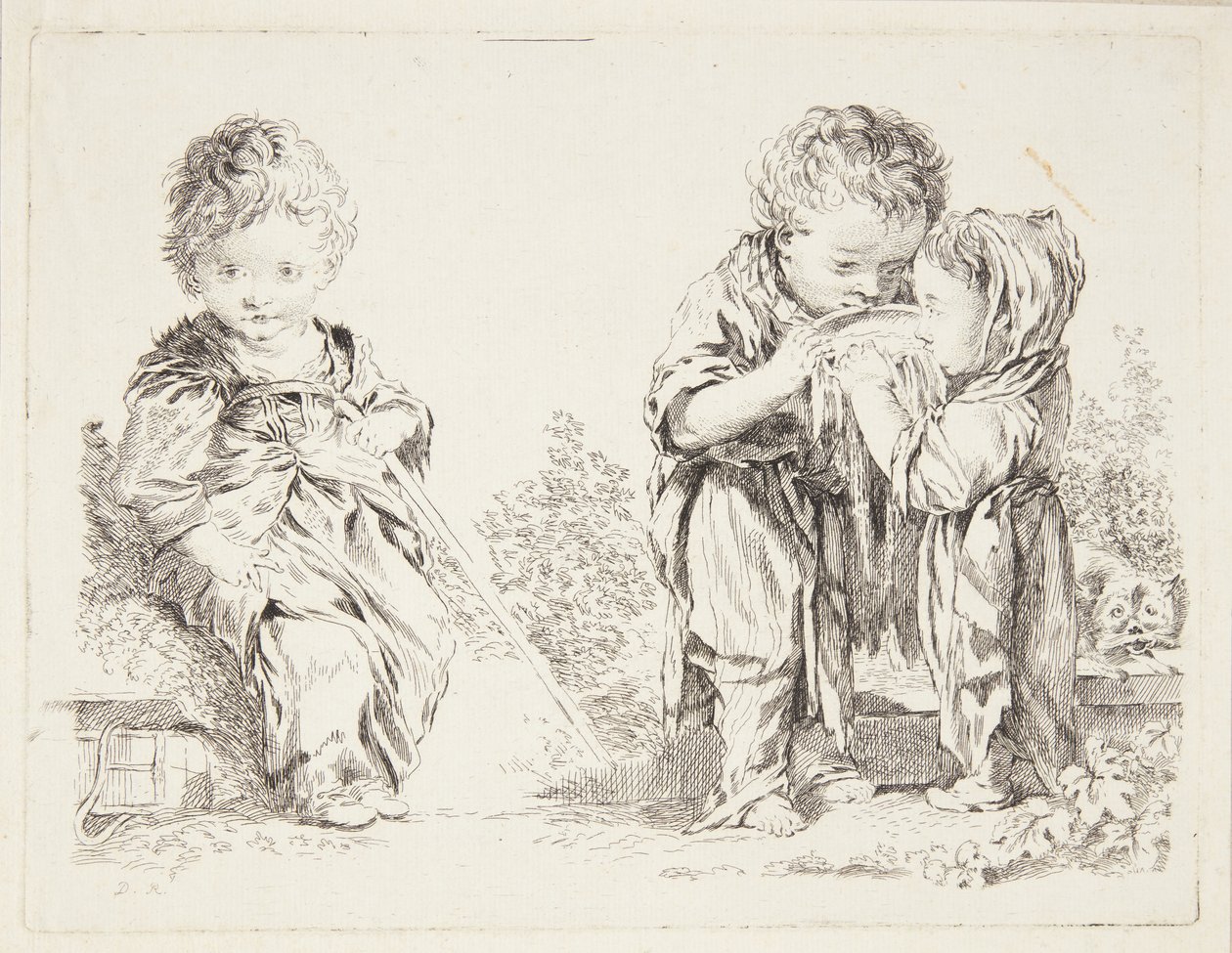 Kind auf einem Erdklumpen sitzend und Die kleinen Milchtrinker von after Francois Boucher