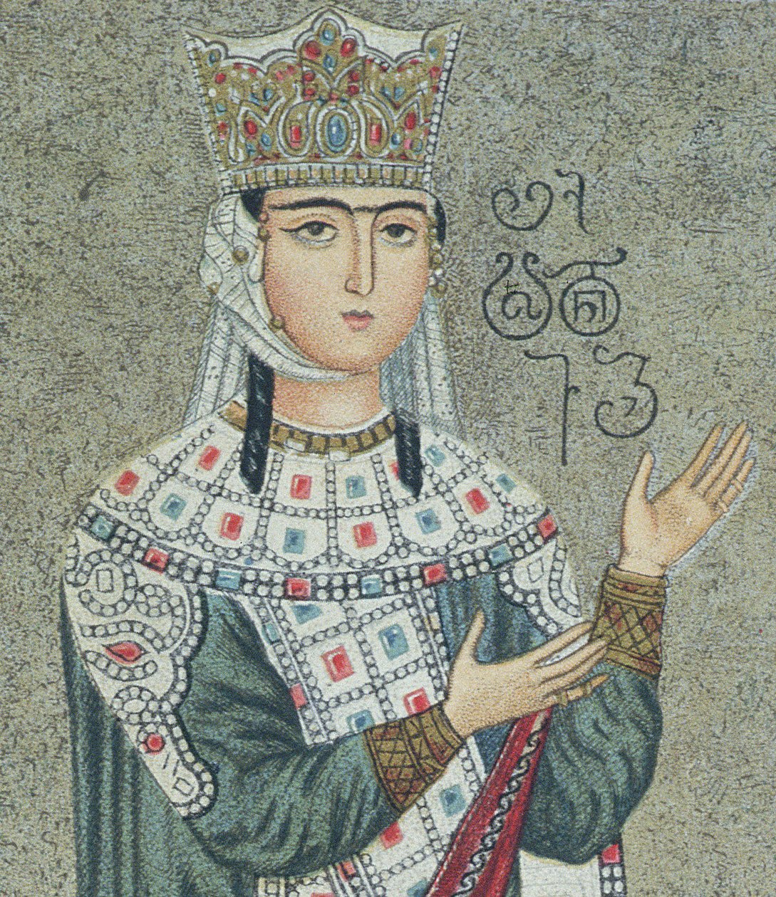 (Detail) Fresko, das Königin Thamar (1184-1213) und ihren Vater König Grigori III (1156-1184) darstellt von after Georgian School