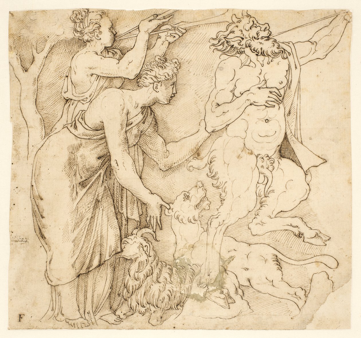 Ein Satyr, zwei Frauen, ein Löwe und eine Ziege von after Giulio Romano