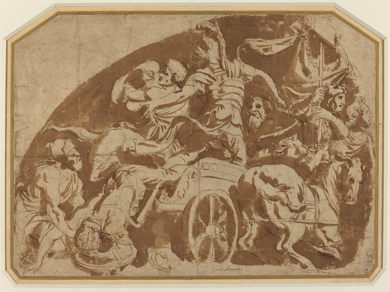 Flucht des Meriones, mit dem toten Coeranos, der aus dem Streitwagen gezogen wird von after Giulio Romano