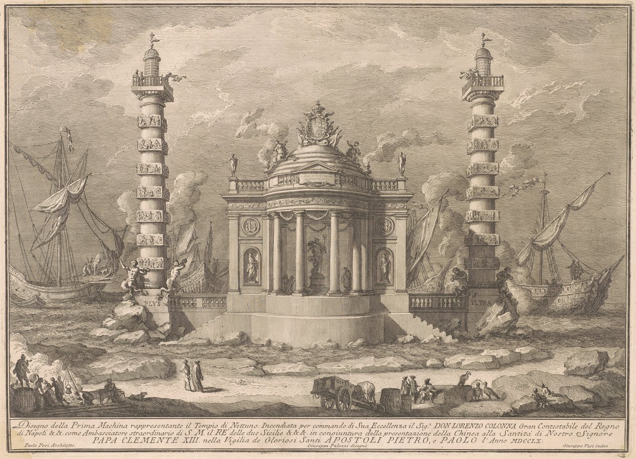 Die Prima Macchina für die Chinea von 1760: Der Tempel des Neptun von after Giuseppe Palazzi Giuseppe Vasi after Paolo Posi