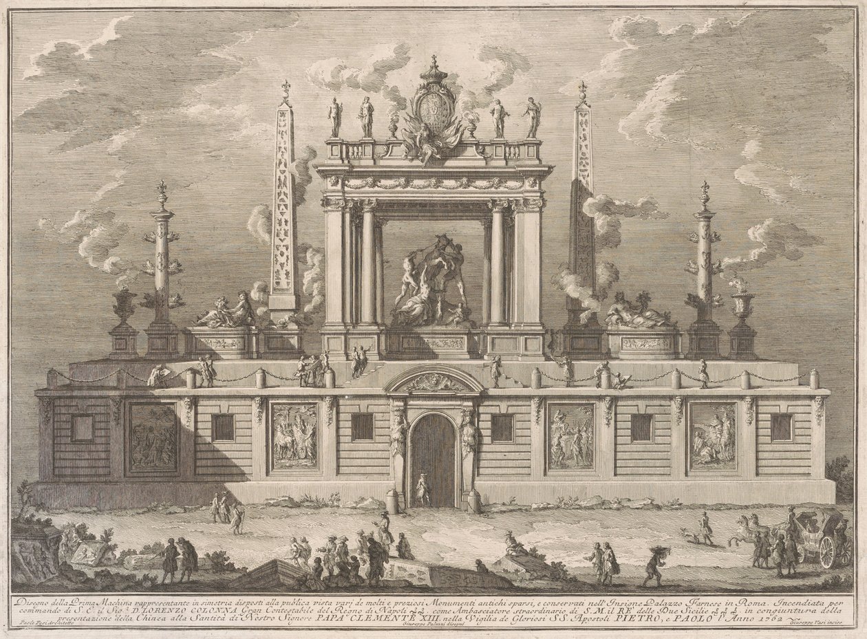 Die erste Maschine für die Chinea von 1762: Der Farnesische Stier und andere Antiquitäten aus dem Palazzo Farnese von after Giuseppe Palazzi Giuseppe Vasi after Paolo Posi