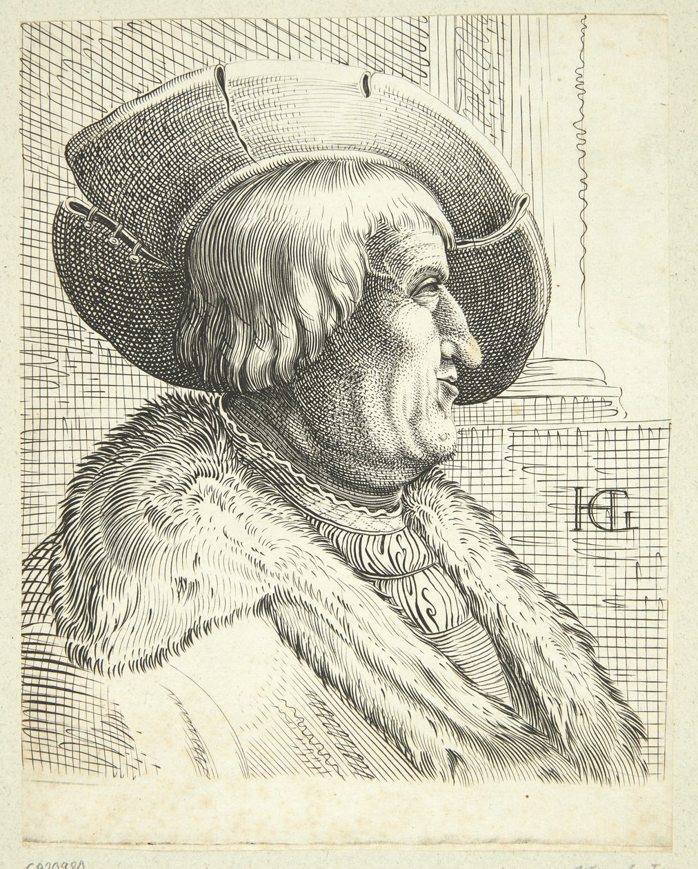 Fantasieporträt eines alten Mannes mit Hut im Profil von after Hendrick Goltzius