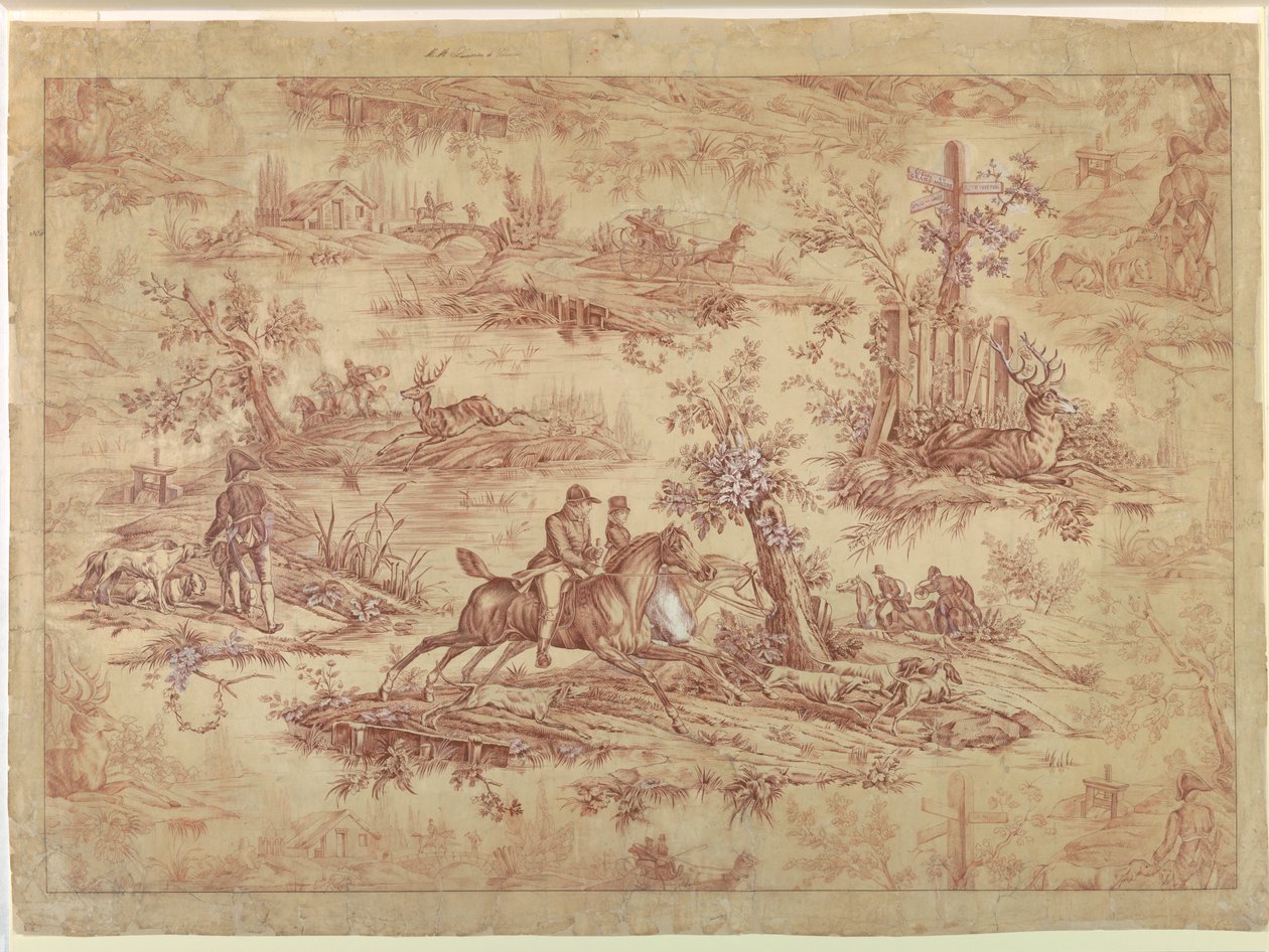 Entwurf für bedruckten Baumwollstoff, La Route de Jouy von after Horace Vernet