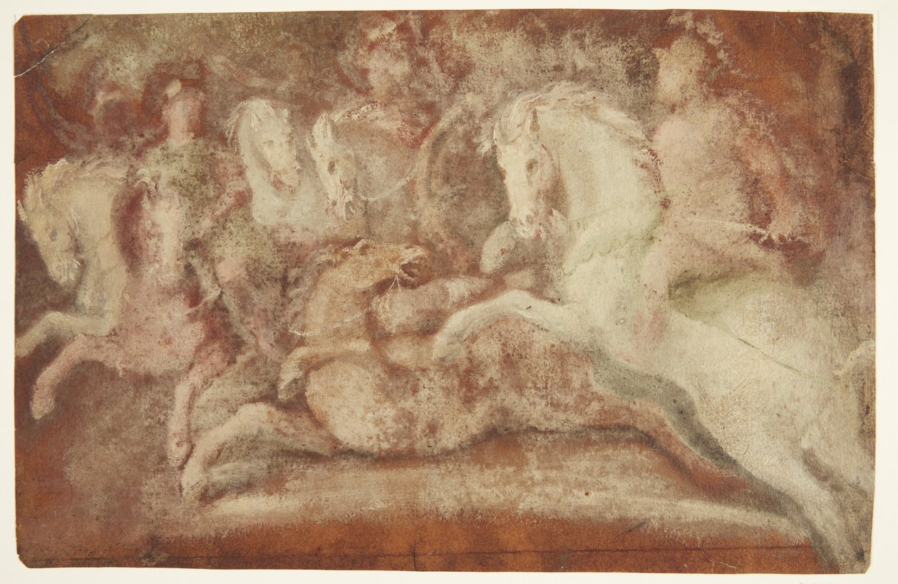 Schlachtszene mit Pferden und zwei Reitern von after Lambert van Haven