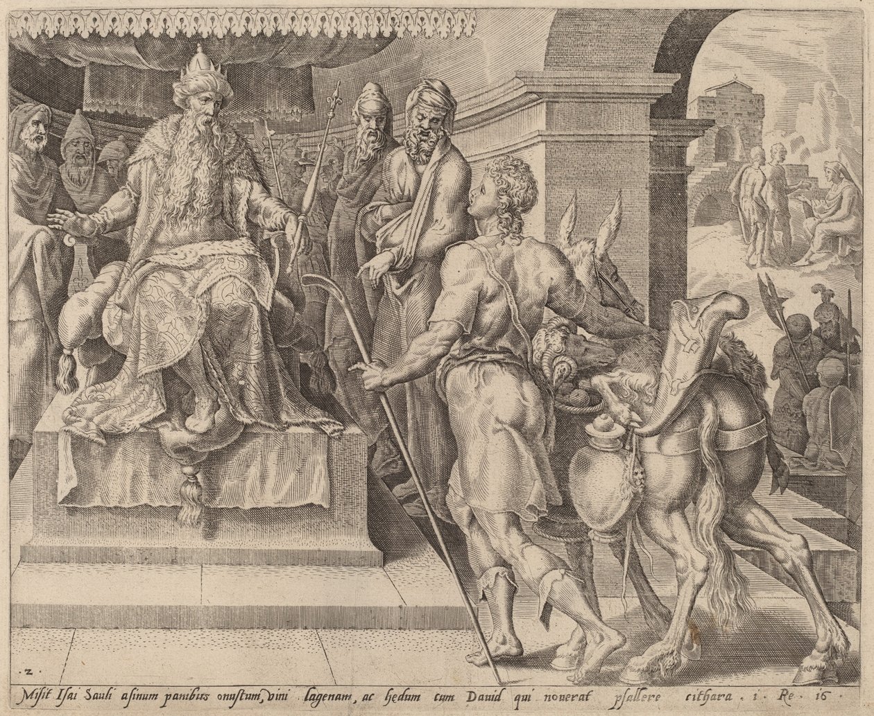 David bringt Geschenke von seinem Vater zu Saul von after Maerten van Heemskerck