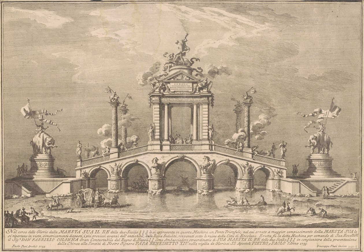 Die Prima Macchina für die Chinea von 1755: Eine Triumphbrücke mit Antiquitäten aus Herculaneum von after Paolo Posi Giuseppe Vasi