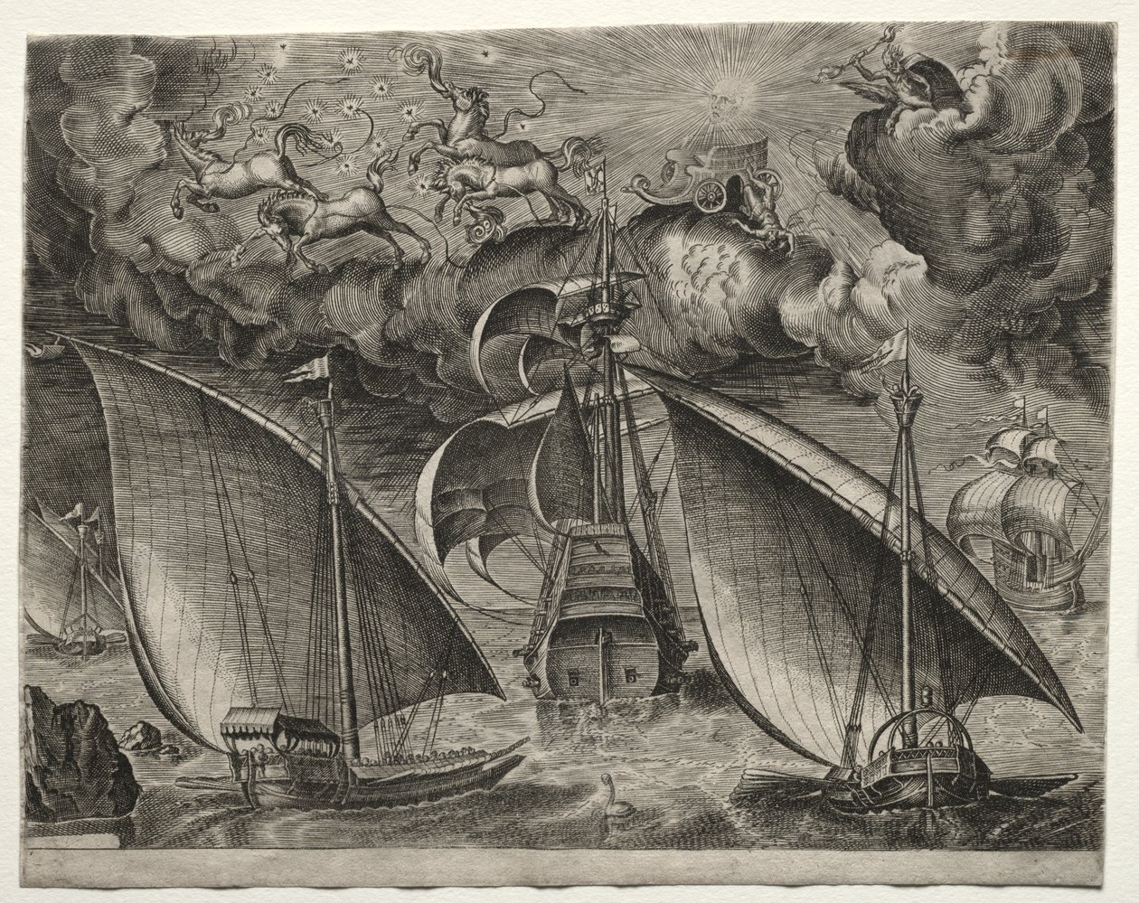 Segelschiffe: Zwei Galeeren segeln hinter einem bewaffneten Dreimaster mit Phaeton und Jupiter am Himmel von after Pieter Bruegel