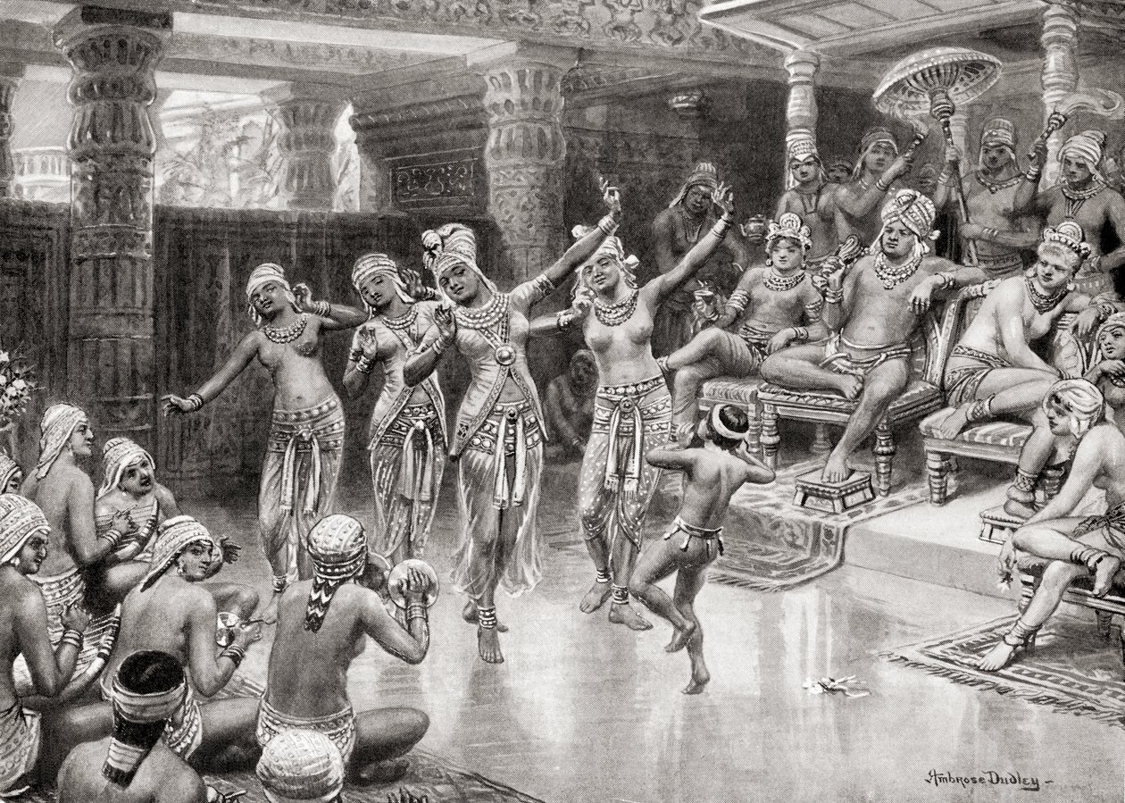 Eine Künstlerimpression aus dem 19. Jahrhundert von Gautamiputra Satakarani, der seinen Sieg über Nahapana feiert, aus Hutchinsons Geschichte der Nationen, veröffentlicht 1915 von after Robert Dudley