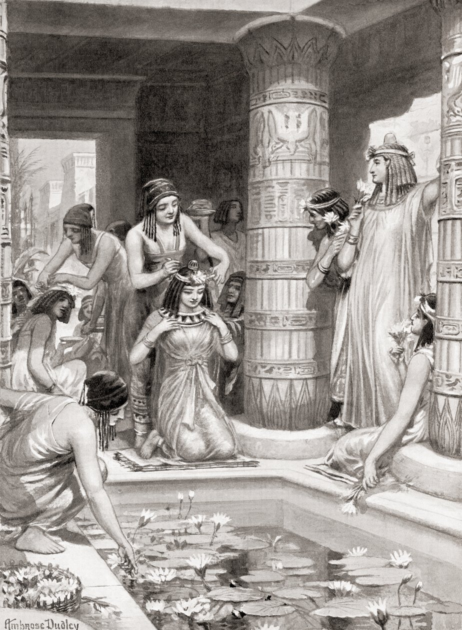 Gäste, die zum Abendessen im alten Ägypten ankamen, erhielten Wasser, um ihre Füße und Hände zu waschen, wurden mit duftendem Öl gesalbt und mit Blumenkränzen gekrönt, aus Hutchinsons Geschichte der Nationen, veröffentlicht von after Robert Dudley