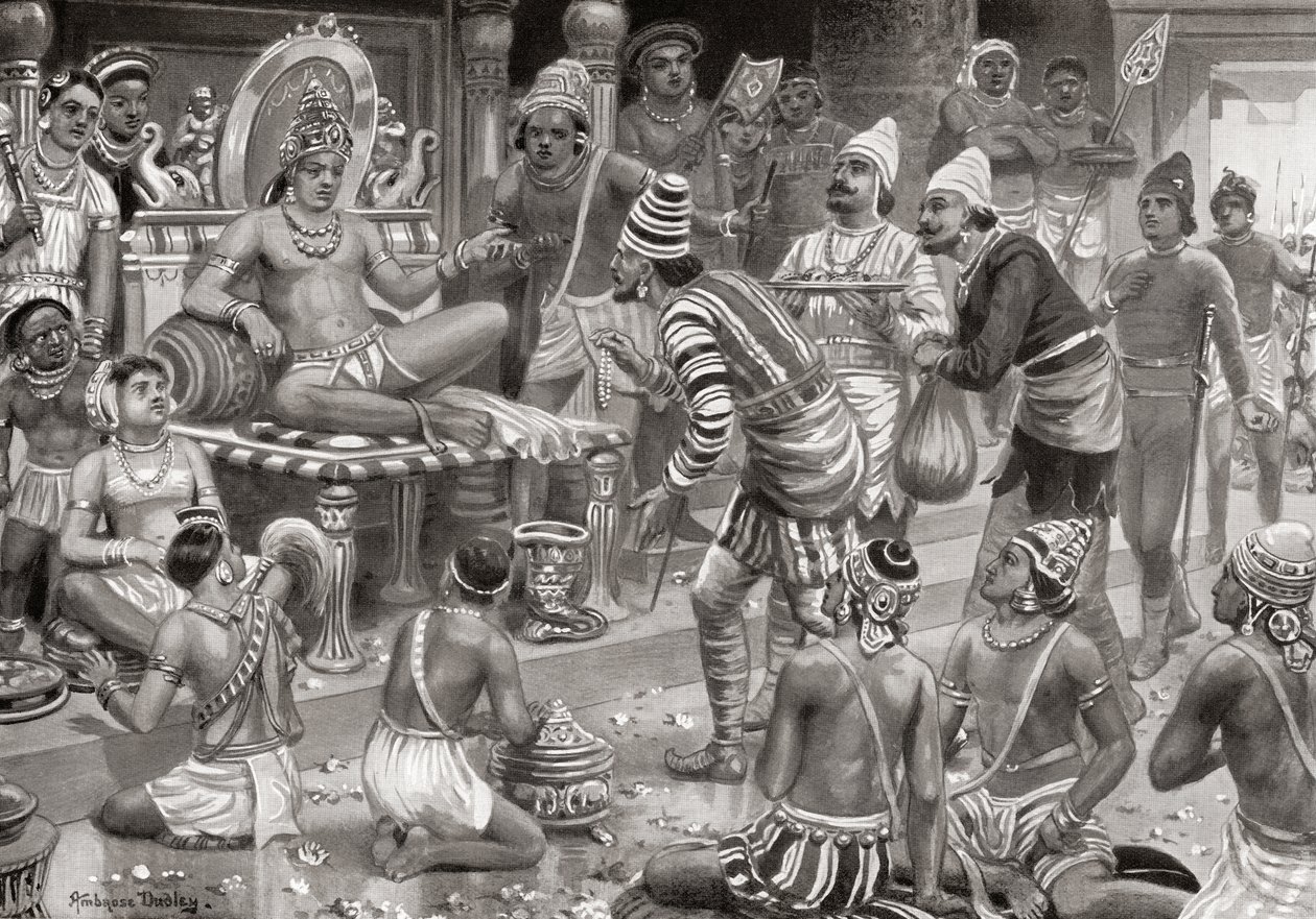 Pulakeshin II., der Chalukaya, empfängt Gesandte aus Persien in Badami, aus Hutchinsons Geschichte der Nationen, veröffentlicht 1915 von after Robert Dudley