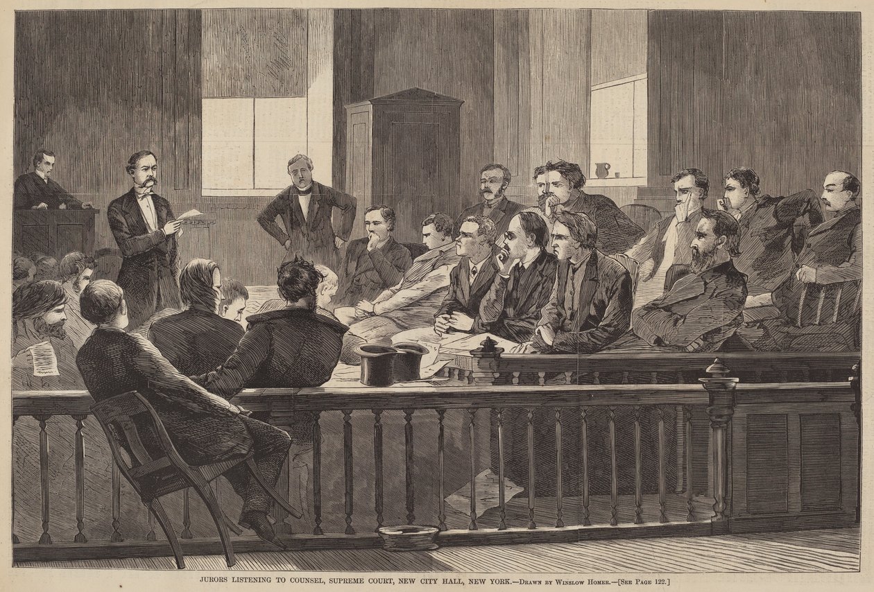 Geschworene hören dem Anwalt zu, Oberster Gerichtshof, Neues Rathaus, New York von after Winslow Homer