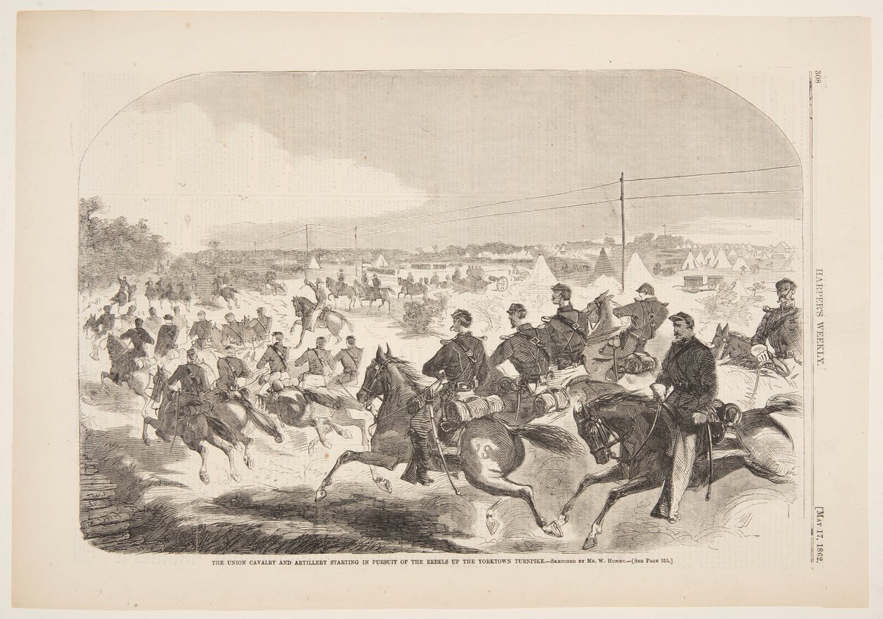 Die Union Kavallerie und Artillerie starten die Verfolgung der Rebellen auf der Yorktown Turnpike von after Winslow Homer