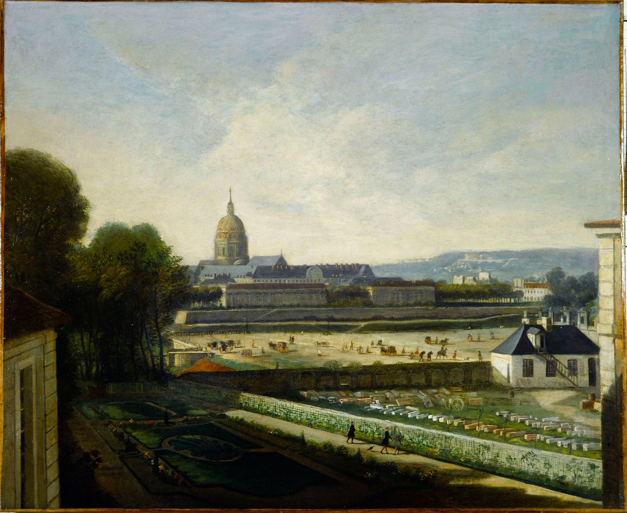 Das Marmorlager und die Esplanade vor der Drehbrücke der Tuilerien, vor dem Bau des Place Louis XV, um 1750, heutiges 1. Arrondissement. von anonymous 