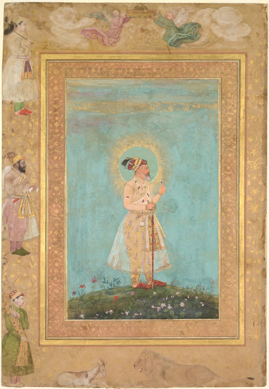 Shah Jahan hält einen Spinell und ein langes Deccan-Schwert, aus dem Späten Shah Jahan Album von attributed to Hashim