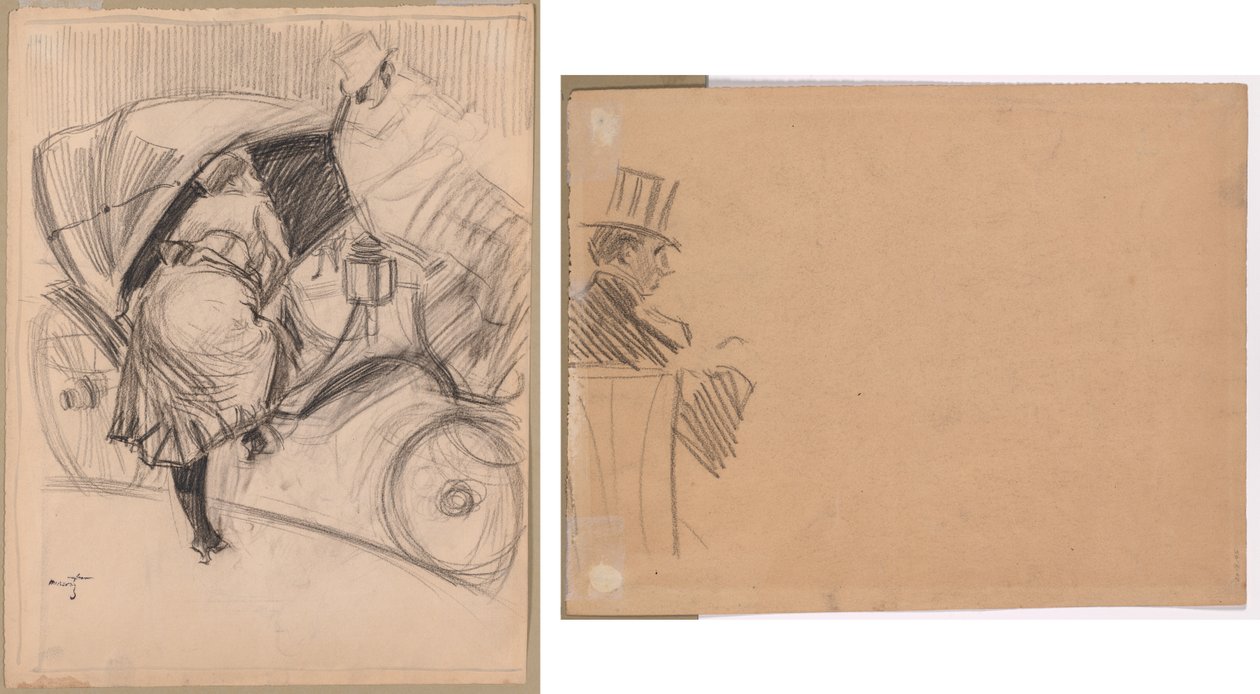 Frau steigt in eine Fiacre (recto); rechtes Profil eines Mannes mit hohem Hut (verso) von attributed to Jean Louis Forain