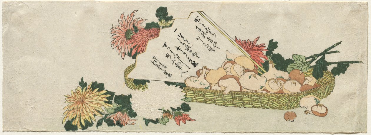Korb mit Fächer, Chrysanthemen und Pilzen von attributed to Katsushika Hokusai