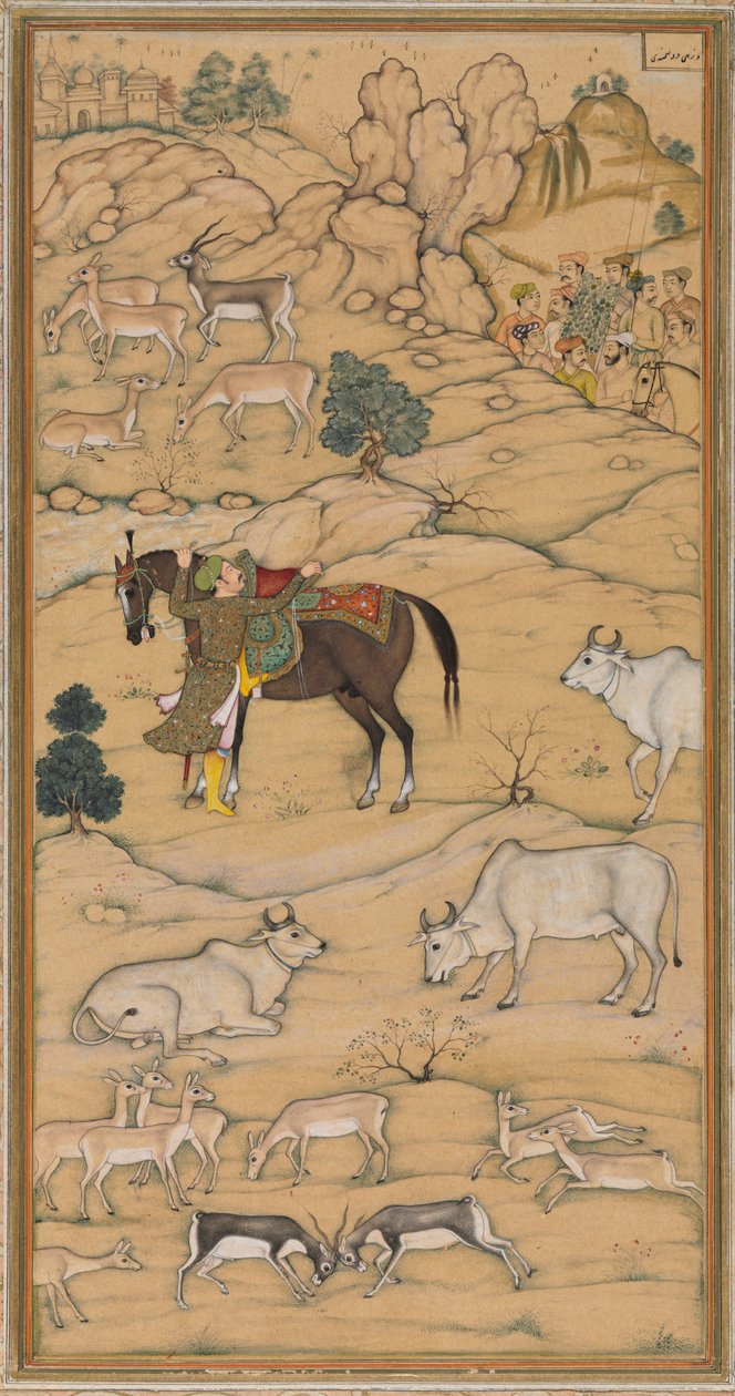 Akbar besteigt sein Pferd; Seite aus dem Chester Beatty Akbar Nama (Geschichte von Akbar) von attributed to Sur Das Gujarati