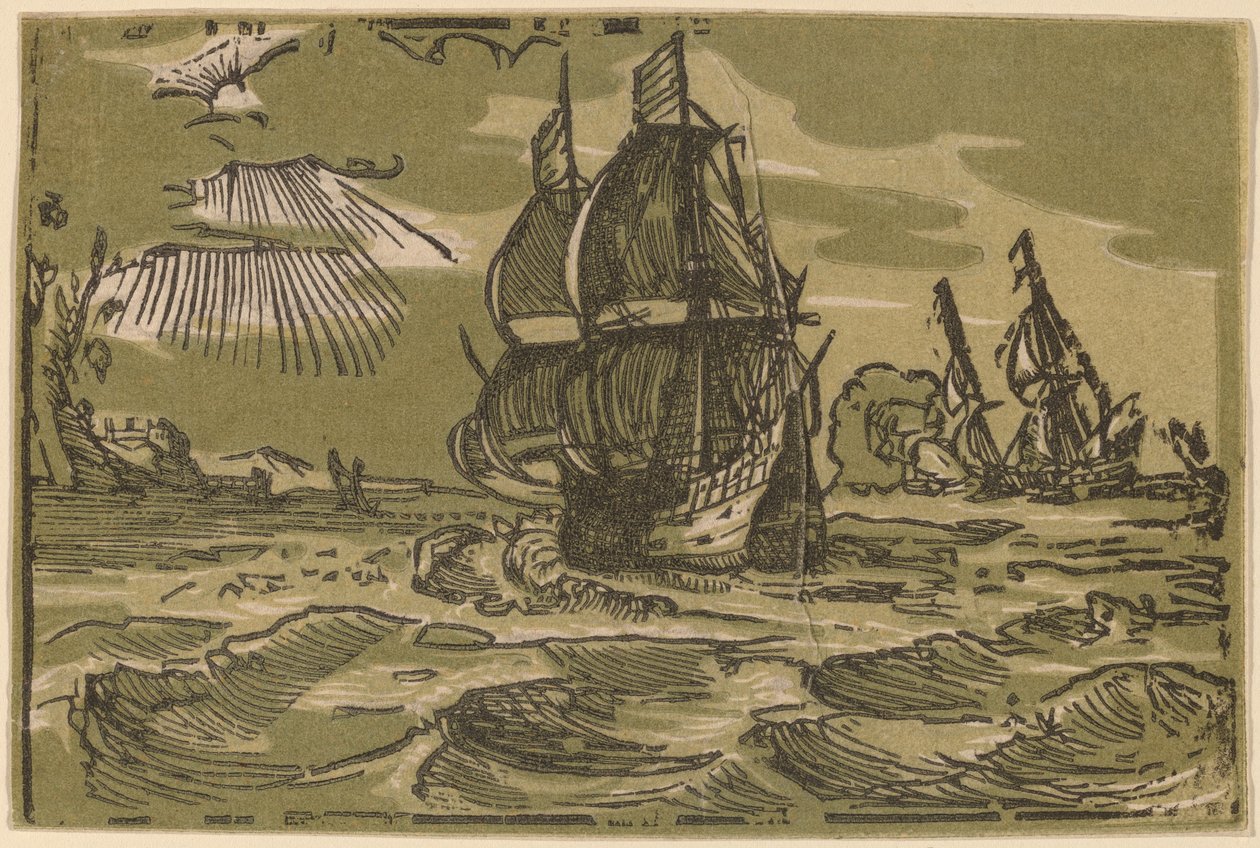 Zwei Dreimaster vor einer Küste von attributed to workshop of Willem Jansz. Blaeu