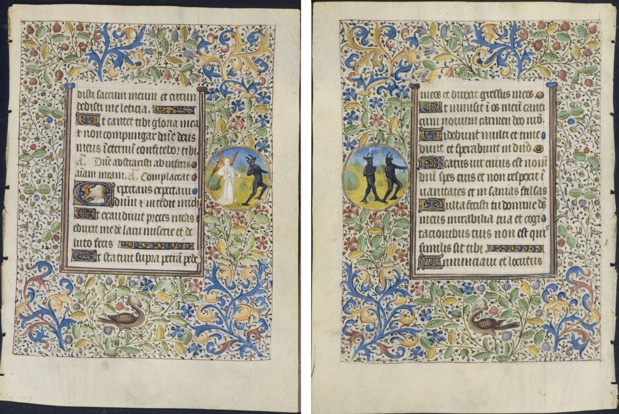 Blatt aus einem Stundenbuch: Engel jagt einen Teufel (recto) und Zwei Teufel (verso) von circle of Coëtivy Master