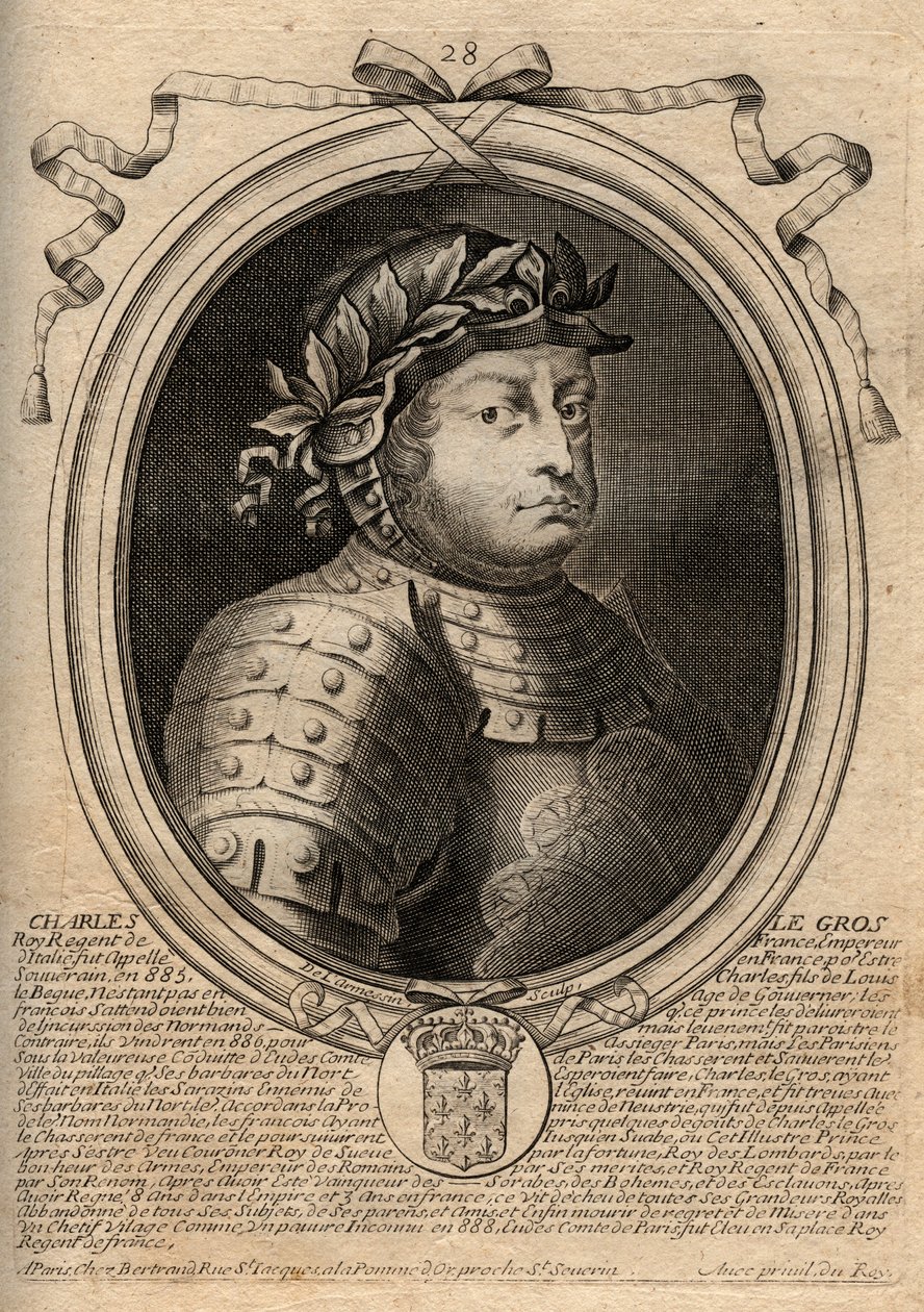 Karolingische Dynastie: Porträt von Karl III. dem Dicken (839-888) König der Franken - Karl III. der Dicke - Gravur aus 
