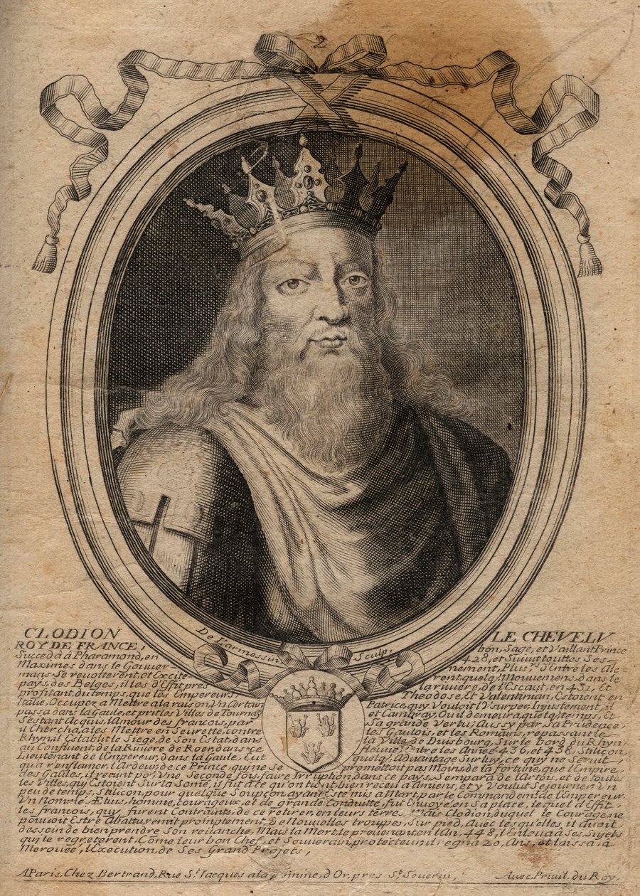 Clodion genannt „Le Chevelu“ (428-448), Vorfahre der Merowinger, Anführer der Salischen Franken - Clodion der Haarige (ca. 428-47) König eines Stammes der Salischen Franken - Gravur aus 