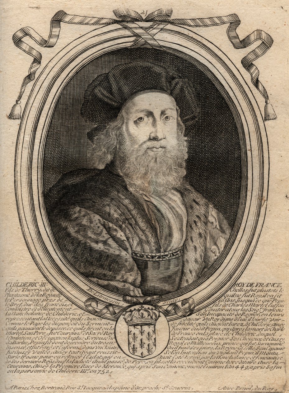 Dynastie der Merowinger: Porträt von Childerich III. (714-755), König der Franken - Gravur aus 